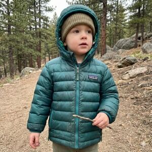 Patagonia Reversible Down Sweater Hoody Boys 4T Green Puffin Print Full Zip Coat